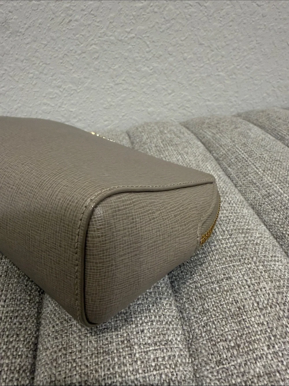 Furla Taupe Saffiano Cosmetic Pouch with Gold Logo